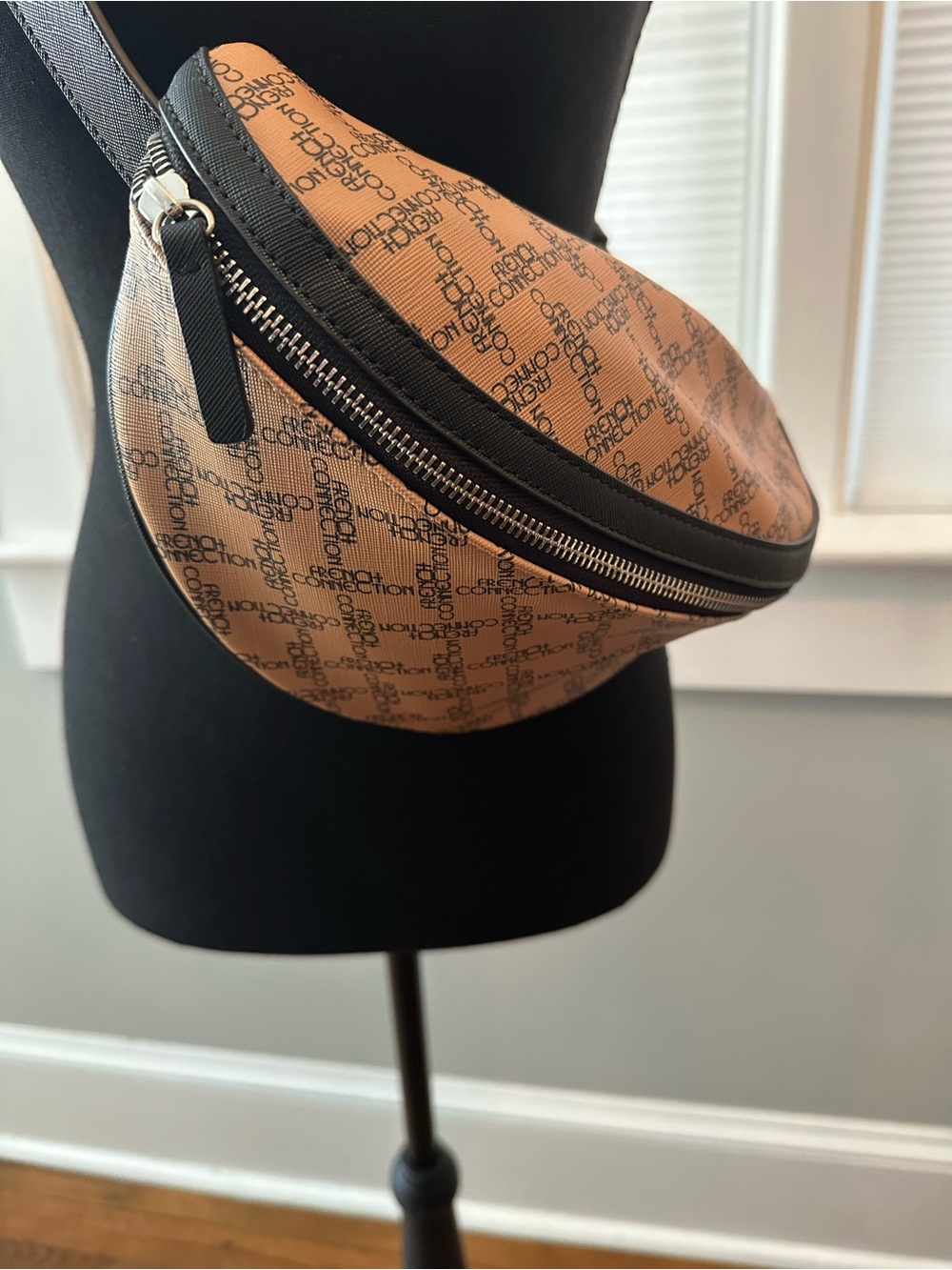 French Connection Tan and Black Logo Belt Bag